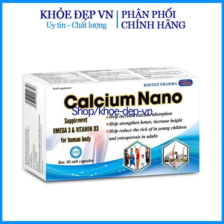 Viên uống Calcium nano Vitamin D3 Rostex pharma USA giúp tăng cường hấp thu canxi, giúp xương chắc khỏe- Hộp 30 viên