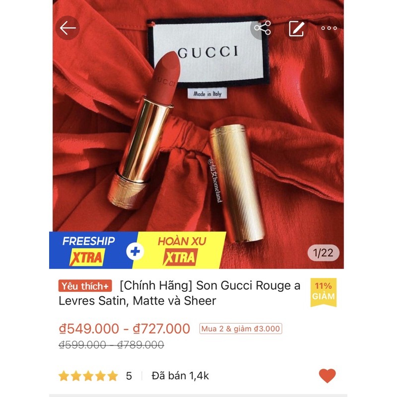 [Link Cũ TOP 1 Shopee] Son Gucci Rouge à Levres Satin, Matte và Briliant 2021