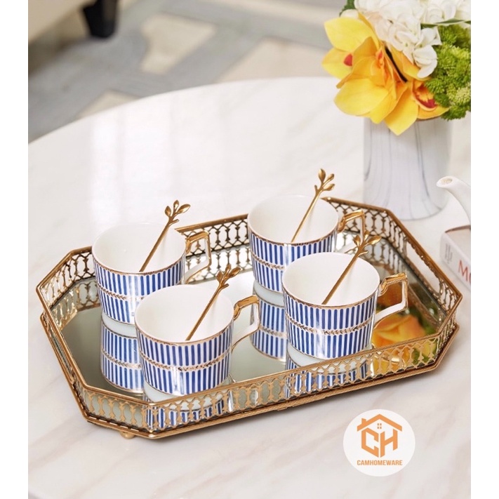 Khay Pha Lê Tráng Gương Chữ Nhật Viền Mạ Vàng Đựng Mỹ Phẩm Decor Trang Trí Cam Homeware