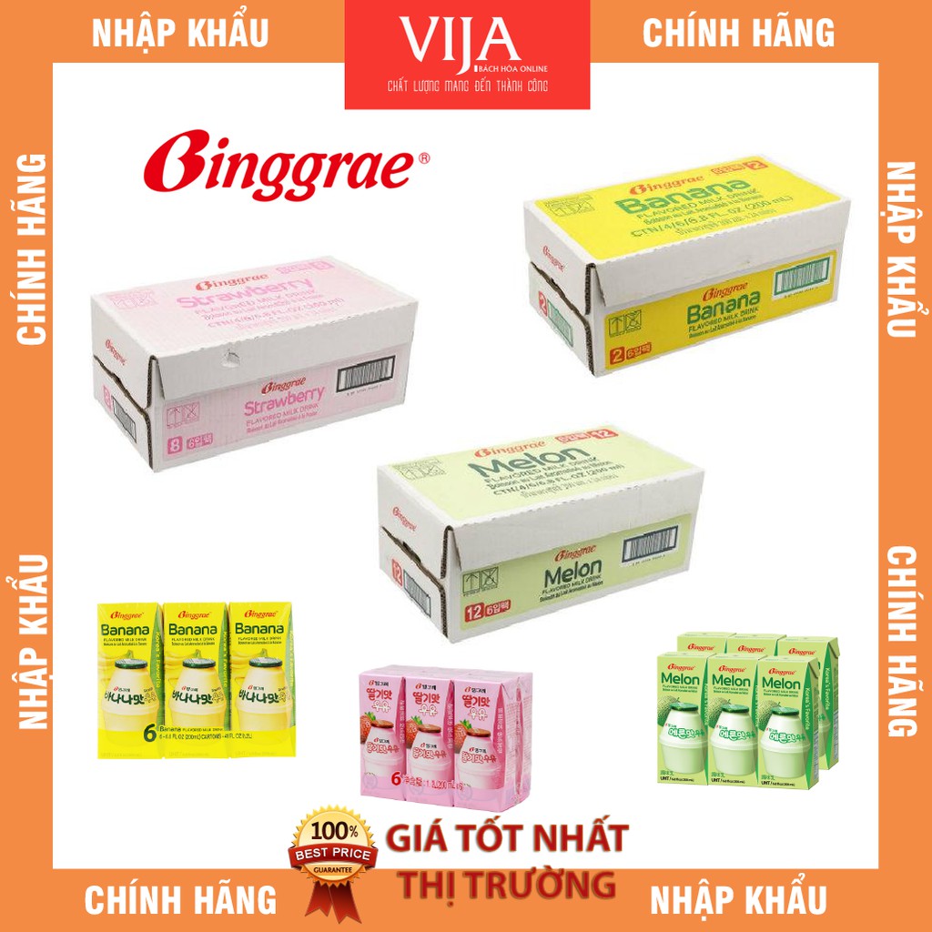 [Thùng 24 hộp] Sữa Hàn Quốc Binggrae vị Dâu Dưa lưới Chuối DATE MỚI