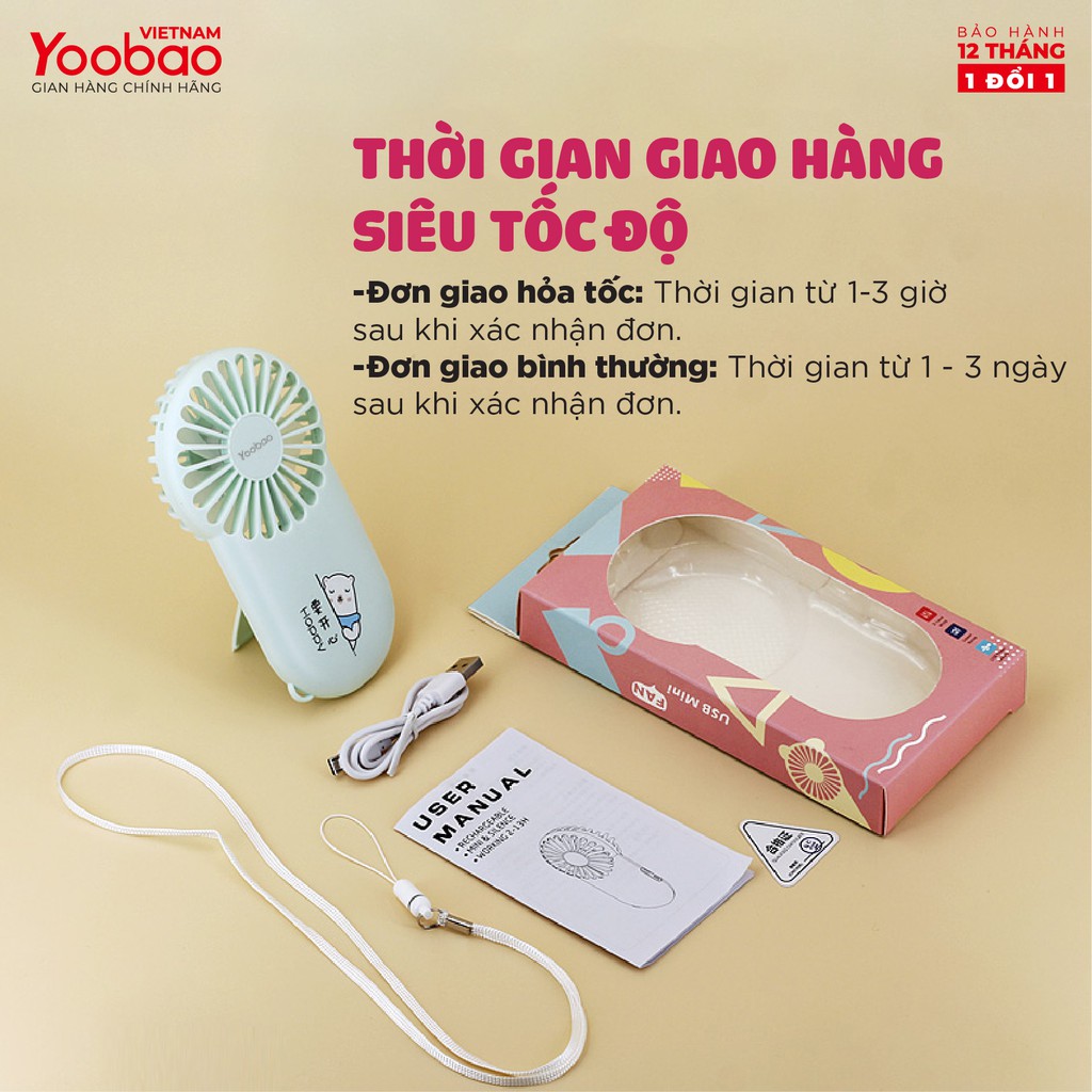 Quạt sạc mini cầm tay YOOBAO LT-S3152 - Kèm giá đỡ để bàn - 3 chế độ gió - Hàng chính hãng - Bảo hành 12 tháng 1 đổi 1