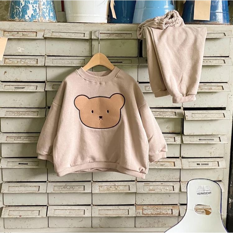 Set áo sweater tay dài in hình gấu + quần dài đáng yêu dành cho trẻ sơ sinh