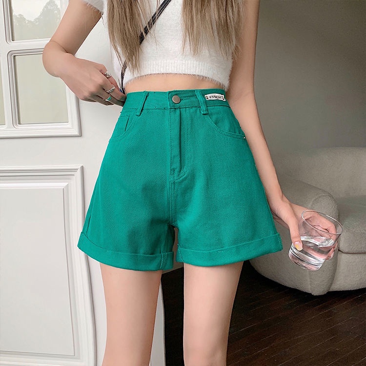 Jiashucheng Quần Short Denim Lưng Cao Ống Rộng Màu Xanh Lá Thời Trang Mùa Hè 2023 Phong Cách Mới Cho Nữ