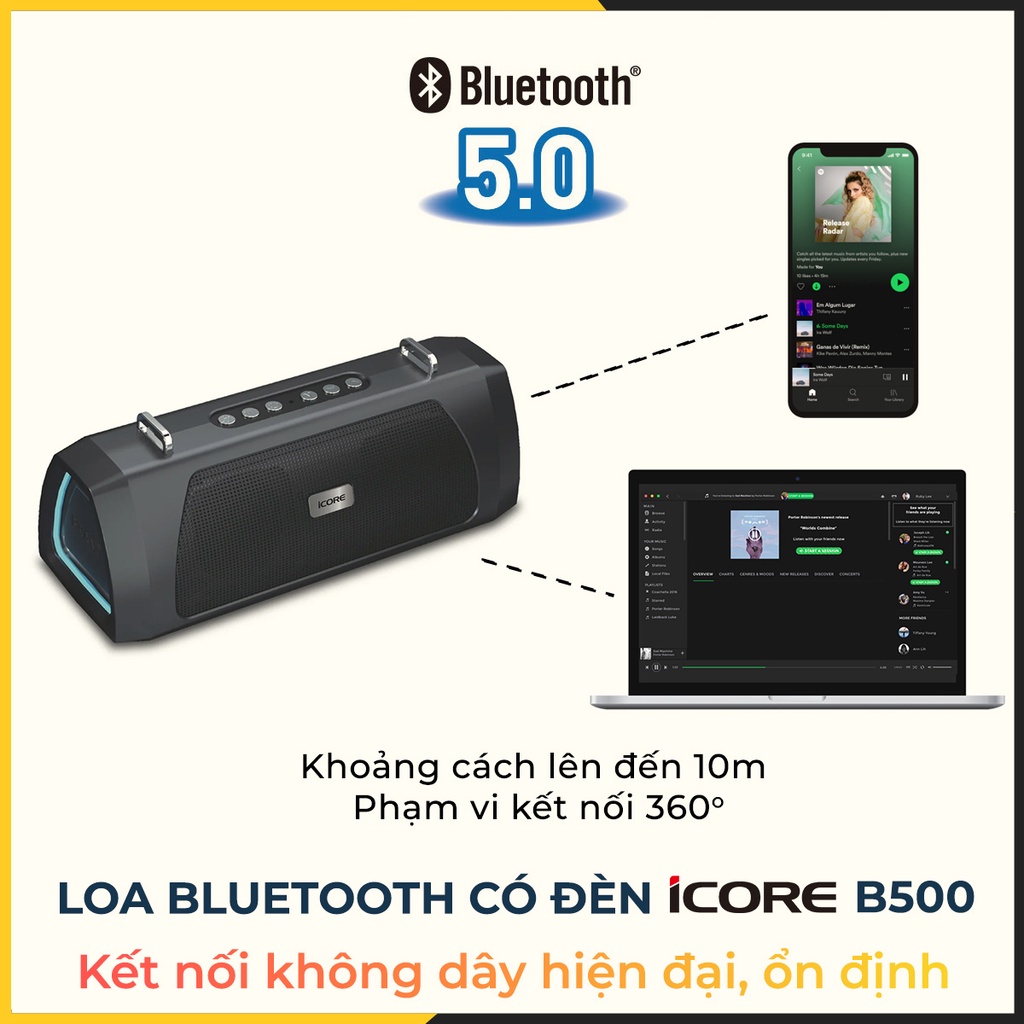 Loa bluetooth chính hãng 20w bass mạnh - Loa Bluetooth có đèn iCore B500