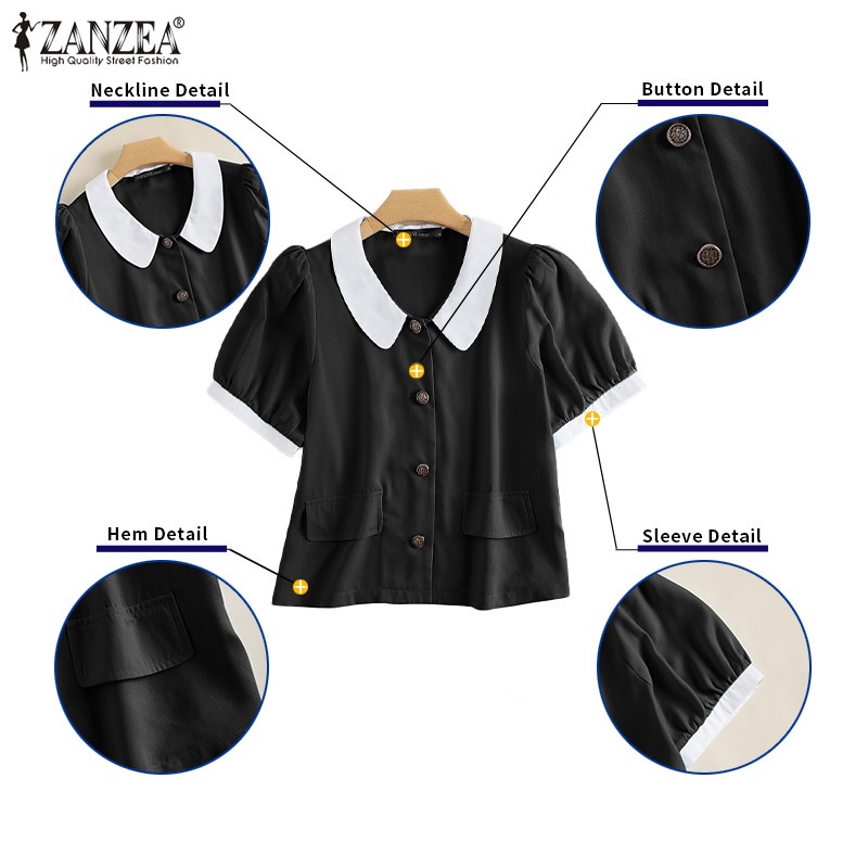 Áo sơ mi ZANZEA tay ngắn phồng cổ bẻ thời trang Hàn Quốc dành cho nữ