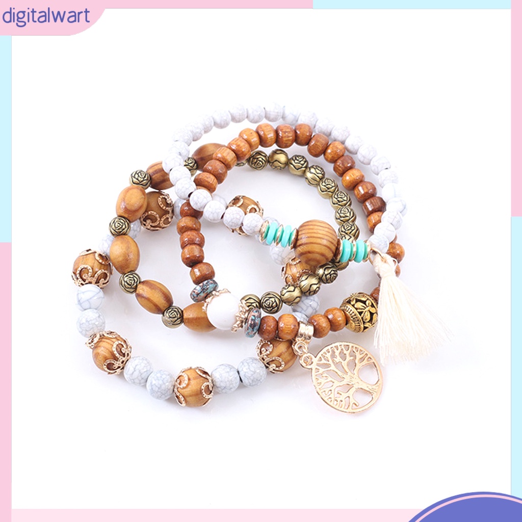 Bộ 4 vòng tay chuỗi hạt gỗ phối tua thời trang dành cho nam và nữ