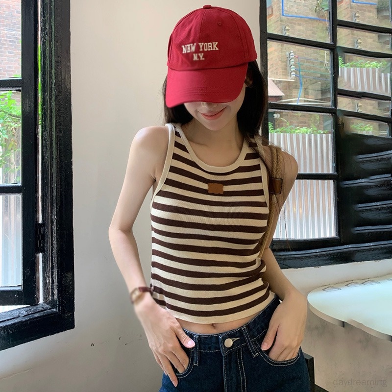 Áo Tank Top Hai Dây Ôm Dáng Họa Tiết Kẻ Sọc Màu Tương Phản Phong Cách Hàn Quốc Cho Nữ