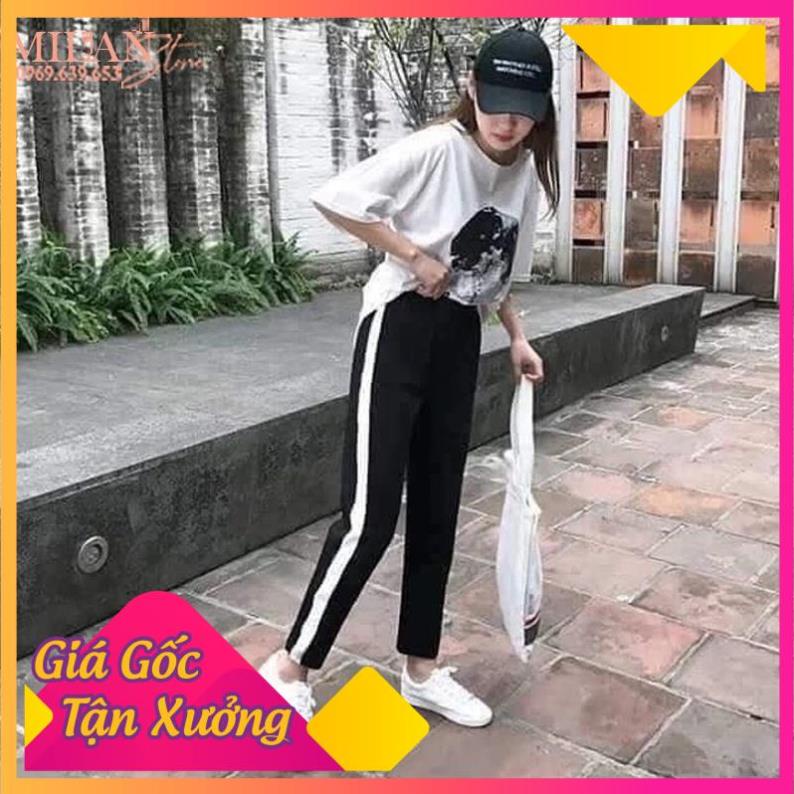Quần thể thao dục nữ dáng baggy 1 viền kẻ sọc trắng có túi dây rút cạp chun co giãn chất vải umi dày màu đen mặc đi học