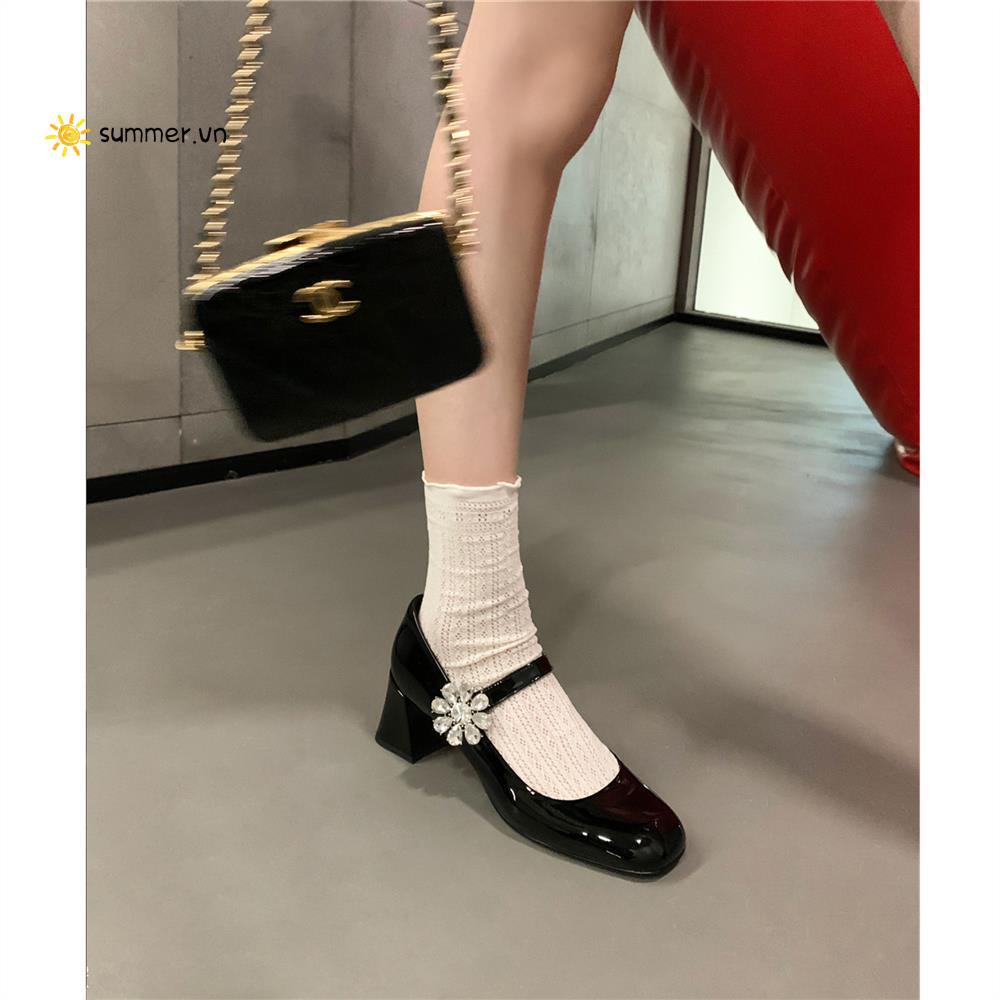 Giày Cao Gót Mary Jane Mũi Vuông Đính Đá Phong Cách Thời Trang Retro Mới 2022