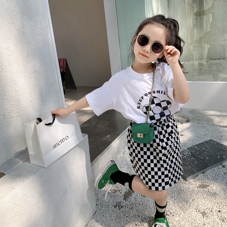 Set Áo Thun Ngắn Tay + Chân Váy Caro Phong Cách Hàn Quốc Thời Trang Mùa Hè Cho Bé Gái