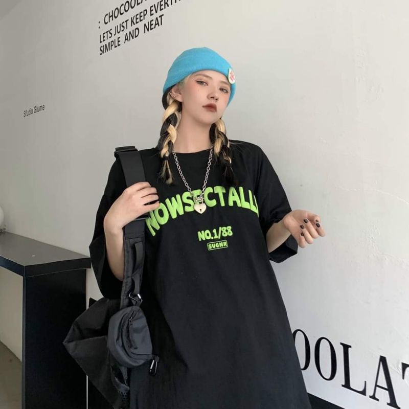 Áo phông tay lỡ nam nữ unisex cổ tròn form rộng in dòng chữ xanh