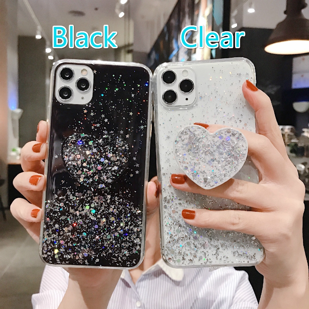Ốp điện thoại mềm trang trí kim tuyến có đế đỡ hình trái tim cho iPhone 6 6S 7 8 Plus X XS XR Max 11 Pro Max