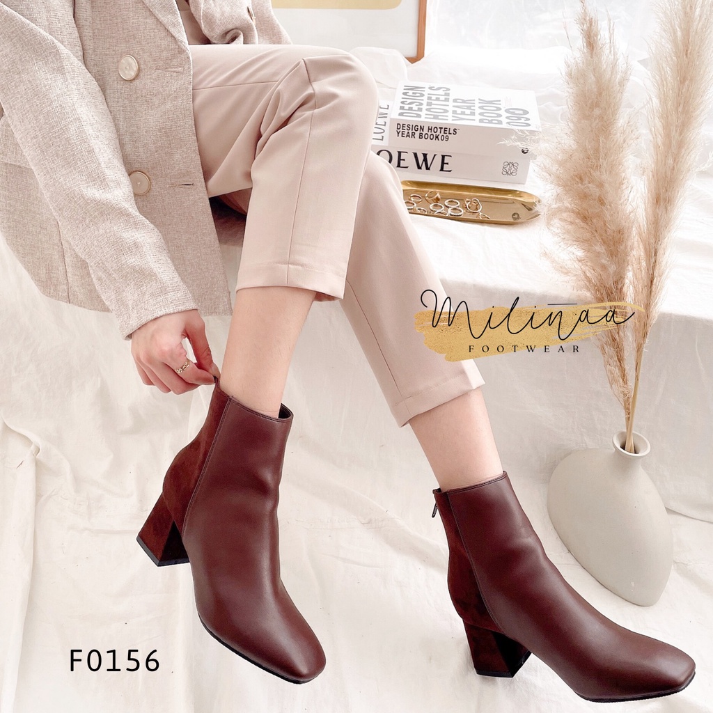 GIÀY BOOTS NỮ GÓT VUÔNG 5P TRƠN MŨI VUÔNG HẬU PHỐI DA LỘN KÉO SAU F0156