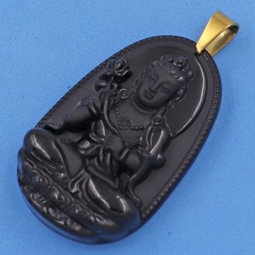 Mặt dây chuyền Đại Thế Chí Bồ Tát đá tự nhiên đen 5cm - Phật bản mệnh tuổi Ngọ - Mặt size lớn - Tặng kèm móc inox