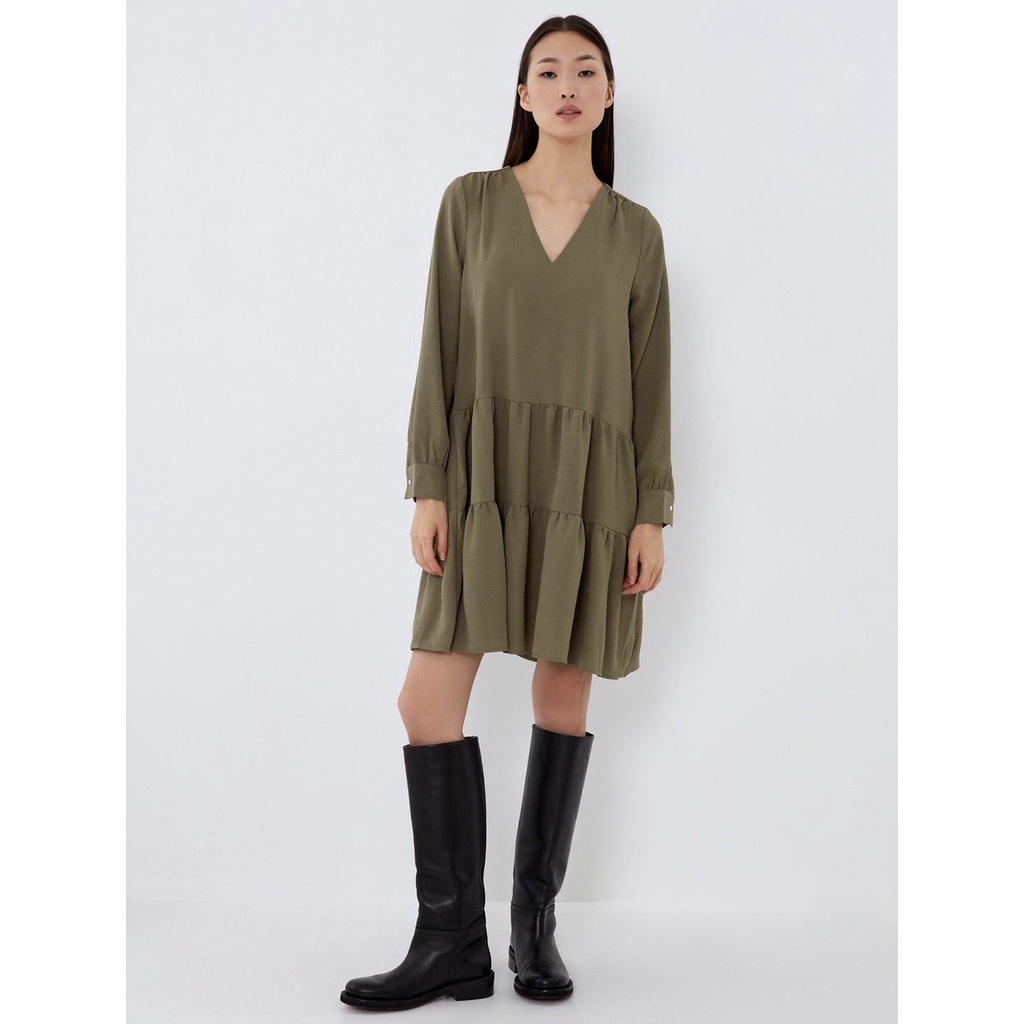 đầm babydoll nữ xếp tầng màu xanh rêu