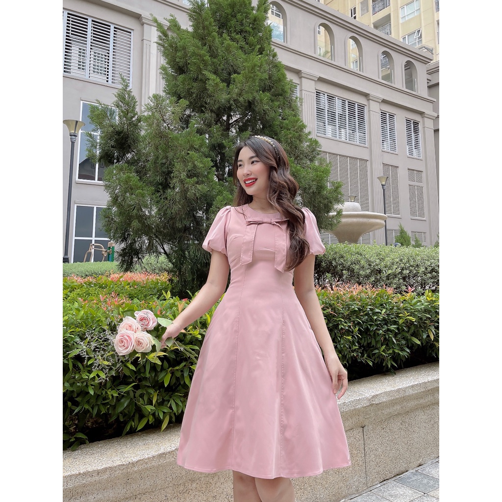 Đầm xòe Lomena dress C559 Tay bồng cổ tròn đính nơ trẻ trung Cin House