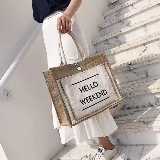 Túi xách nữ -túi cói hello weekend big size phối vải màu đen trắng siêu chất