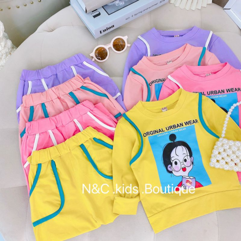 Đồ bộ thu đông cho bé chạy viền phối cá tính Set cotton dài tay hình cô gái cho bé 1 2 3 4 5 6 tuổi