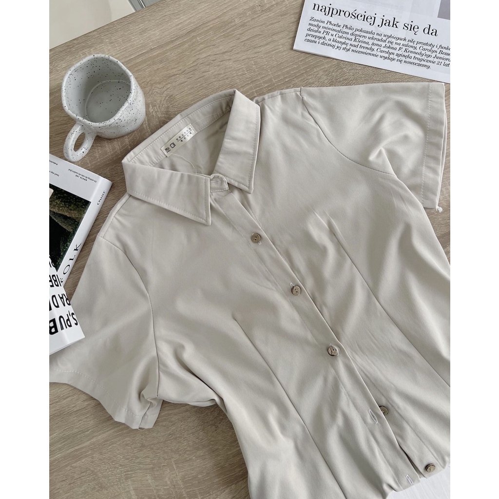 Váy sơ mi thô mềm dáng xoè dài lưng chun, Đầm váy nữ basic cổ sơ mi cài cúc chiết eo lưng chun nhiều màu thời trang