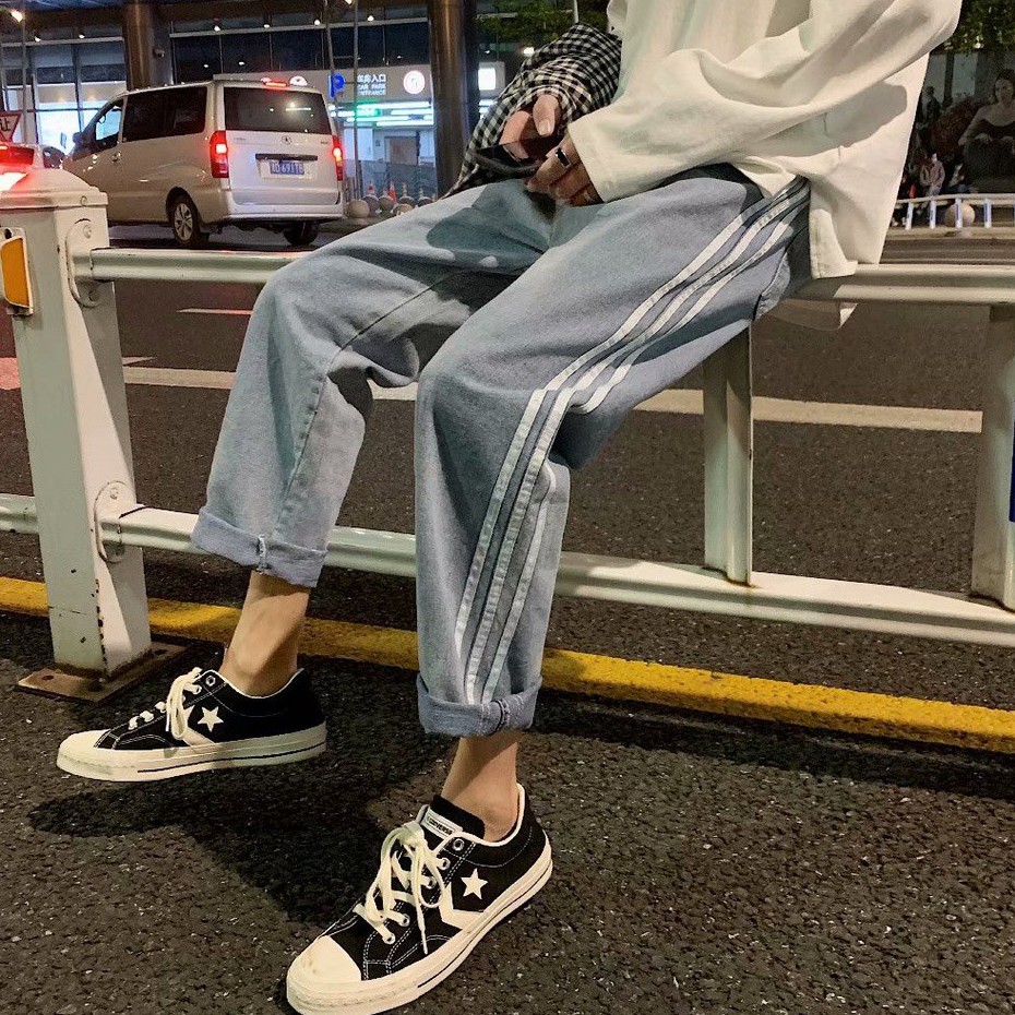Quần Jeans Dài Ống Rộng Kẻ Sọc Thời Trang Hàn Quốc Cho Nam