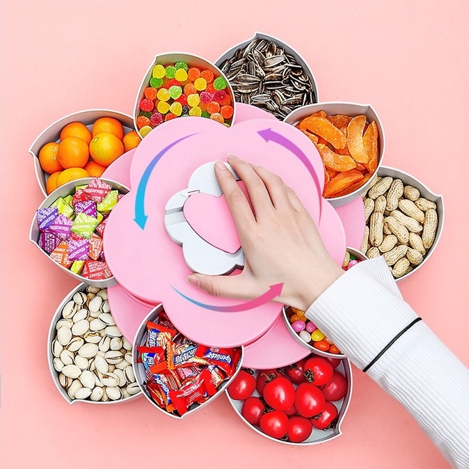 Khay Mứt Xoay, Hộp Đựng Mứt Tết Bánh Kẹo Mẫu Mới 2022 Yoota 1 Tầng và  2 Tầng 10 Canh Hoa Có Rãnh Để Điện Thoại Màu Xanh