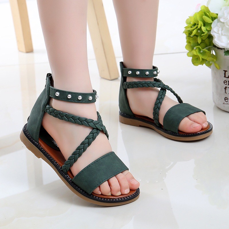 Dép quai hậu bé gái khóa kéo quai chéo dễ thương từ 3-18 tuổi màu Đen - Hồng phấn Dép trẻ em size 27-37