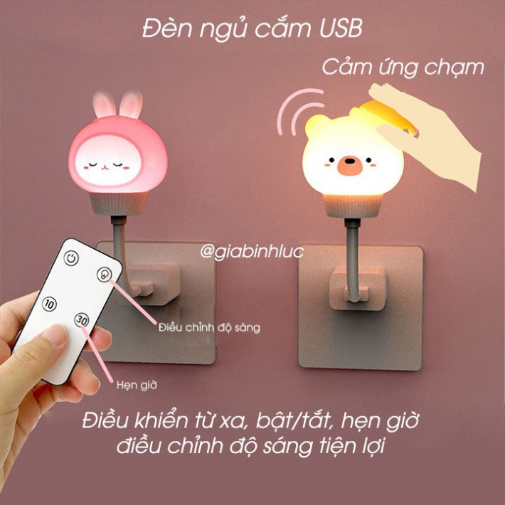 Đèn ngủ cho bé cắm USB hình thỏ gấu tích hợp điều khiển từ xa hẹn giờ, cảm ứng chạm, điều chỉnh độ sáng tiện lợi