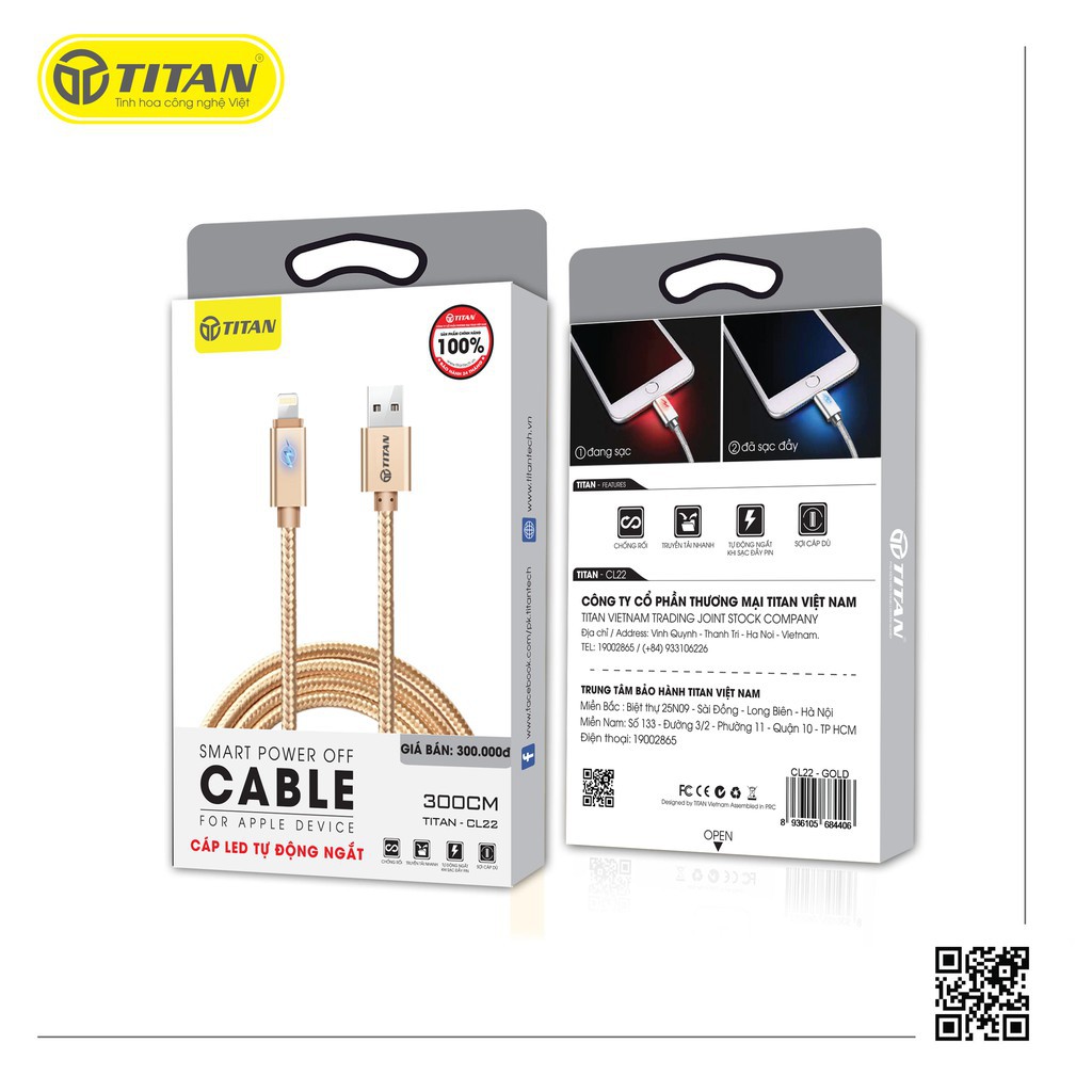 Cáp TITAN CL22 chân Lightning , tự ngắt , dài 3m