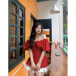 Áo trễ vai tay bồng (kem, đỏ) Ảnh chụp thật