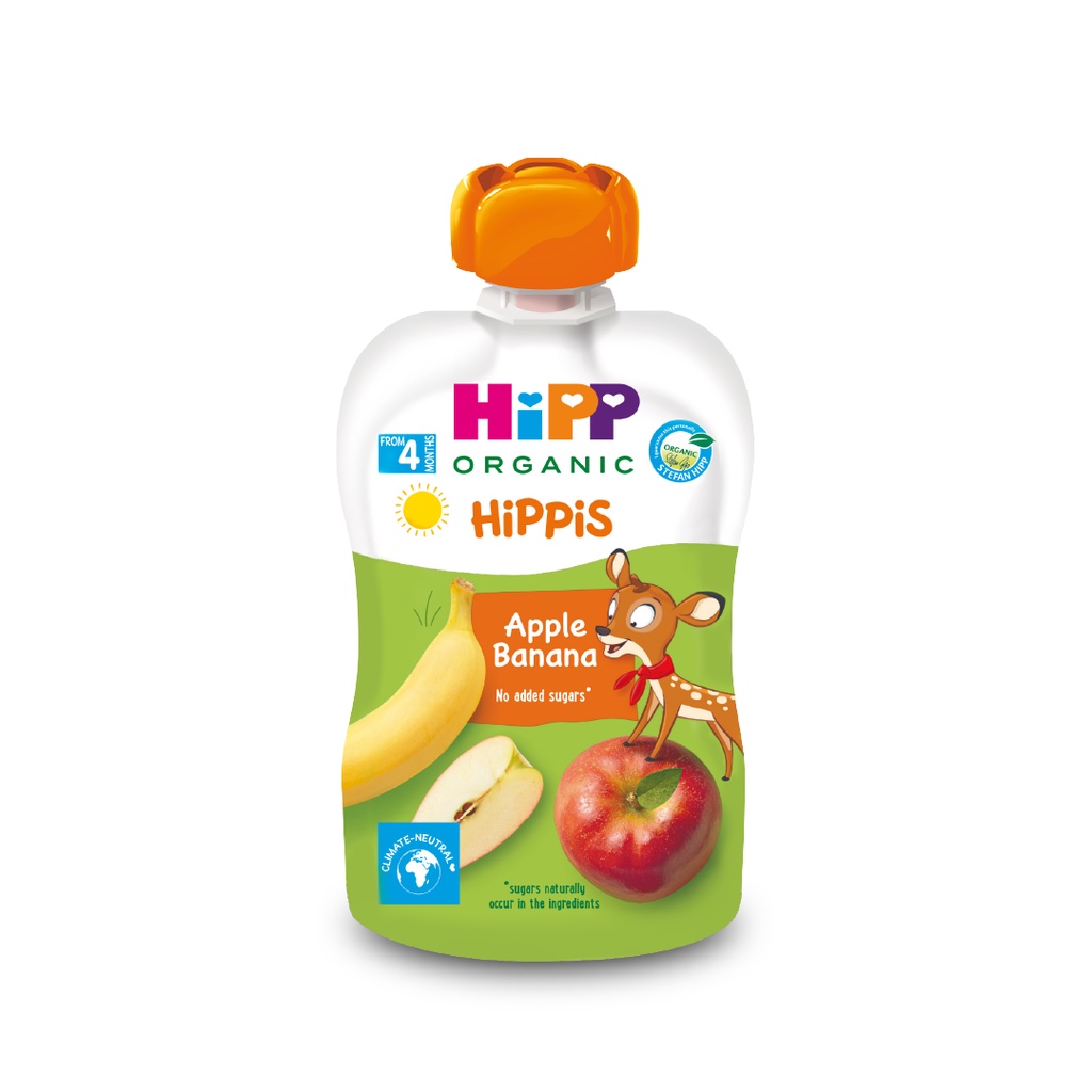 Dinh dưỡng 100% Trái cây nghiền Organic HiPPiS Táo, Chuối 100g - Nhập khẩu Áo