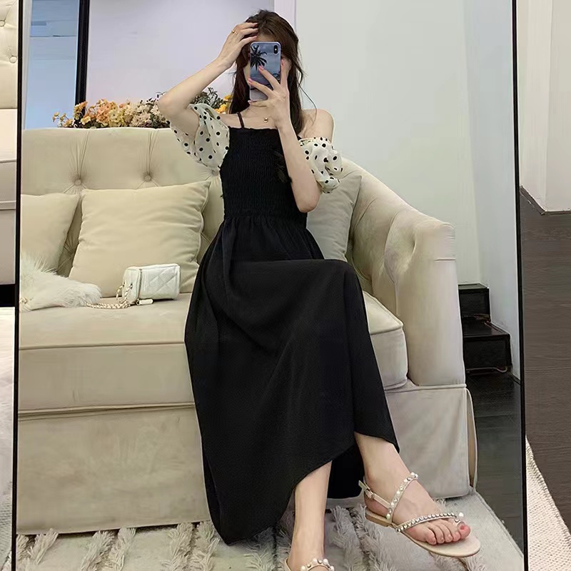 Đầm PERTY dáng dài tay ngắn phồng họa tiết chấm bi phong cách Hàn Quốc mới thời trang mùa hè dành cho nữ