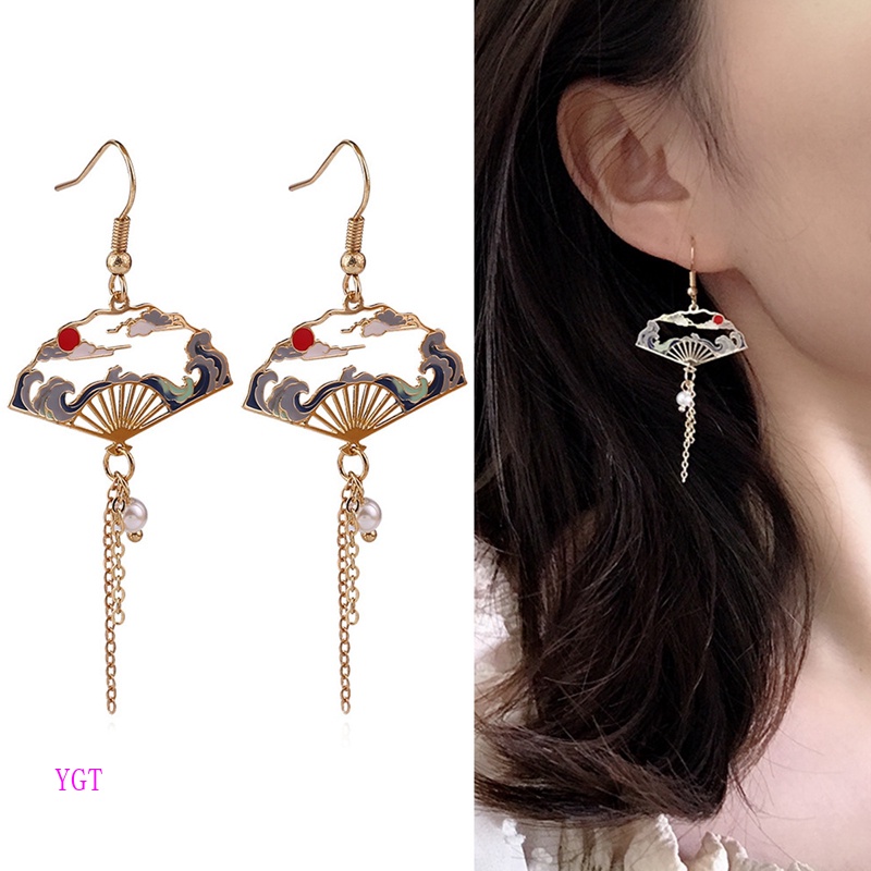 Ygt Bông Tai Dáng Dài Hình Quạt Rỗng Đính Ngọc Trai Phối Tua Rua Đám Mây Hoa Anh Đào Đám Mây