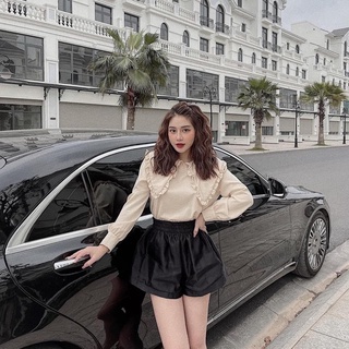 Quần sooc da chun cạp cao dáng phồng