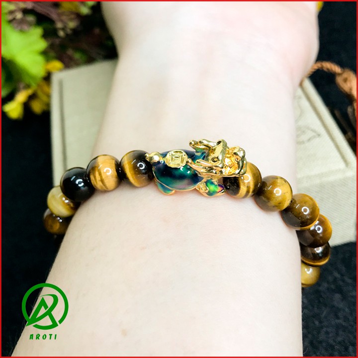 Vòng Tay Phòng Thủy Mệnh Kim_Thổ - Vòng Tay Nam Nữ Đá Mắt Hổ Vàng Mix Long Quy Vàng Đổi Màu 8mm V384-8