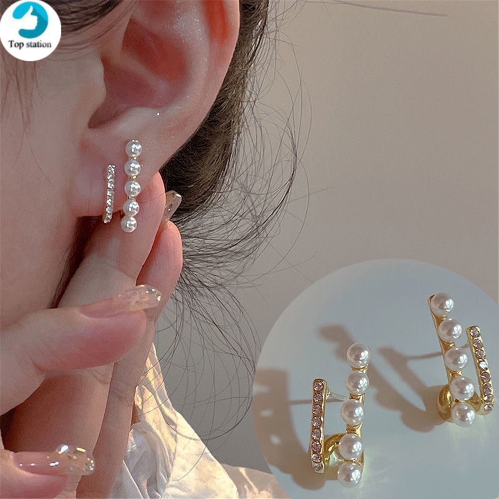 Khuyên Tai Đính Đá Ngọc Trai Giả Hai Lớp Phong Cách Vintage