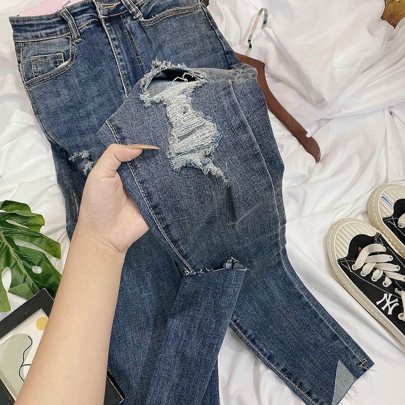 Quần Jeans Nữ Ôm Cạp Cao Rách Nhiều Xéo Gấu Fullsize Ulzzang QA3