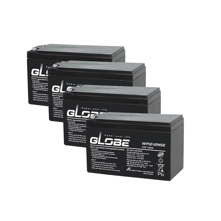 BỘ 4 BÌNH ẮC QUY XE ĐẠP ĐIỆN GLOBE 12V 12AH  - CHÍNH HÃNG