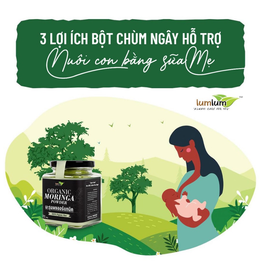 Bột chùm ngây hữu cơ 150g Lumlum Organic Moringa Powder rắc sữa chua, pha cùng sữa cải thiện giấc ngủ