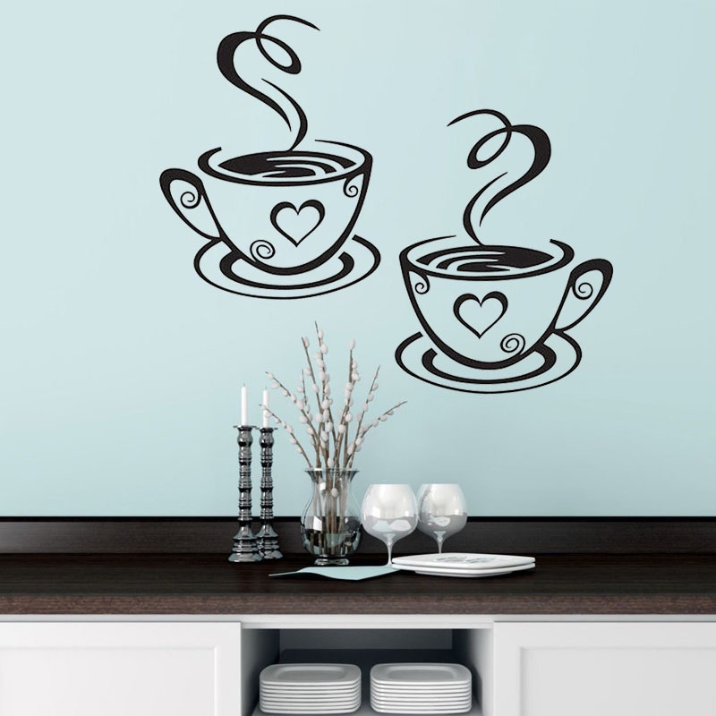 Cặp Sticker Dán Tường Bằng Pvc Màu Đen Chống Thấm Nước Họa Tiết Cốc Cà Phê Lãng Mạn