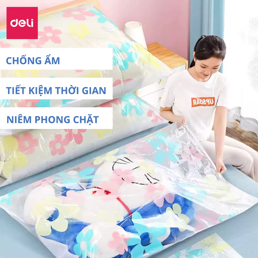 [Có thể dùng tay nén khí] Túi hút chân không Deli - Loại dày cao cấp, bảo vệ quần áo khỏi ẩm, nấm mốc, chống nước VS480