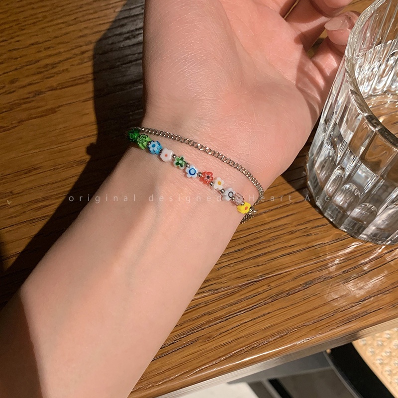 Vòng Tay Hai Lớp Đính Hoa Tua Rua Thời Trang Hàn Quốc