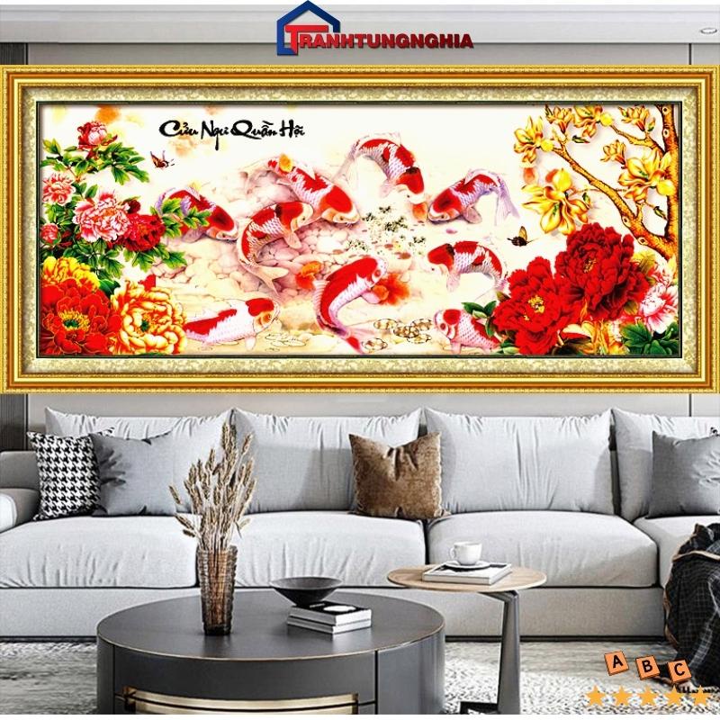 Tranh đính đá, tranh thêu chữ thập cá cửu ngư quần hội