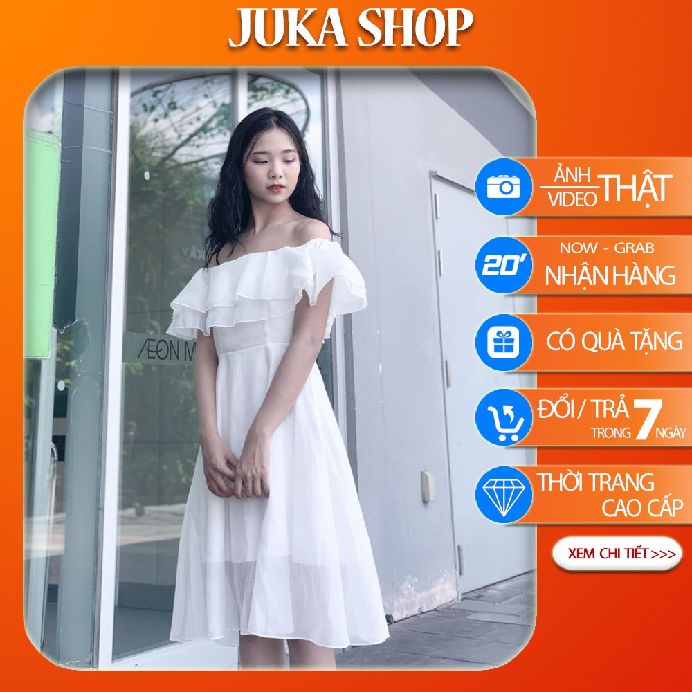 Váy trễ vai bèo - Váy trắng trễ vai công chúa chun eo Juka Shop
