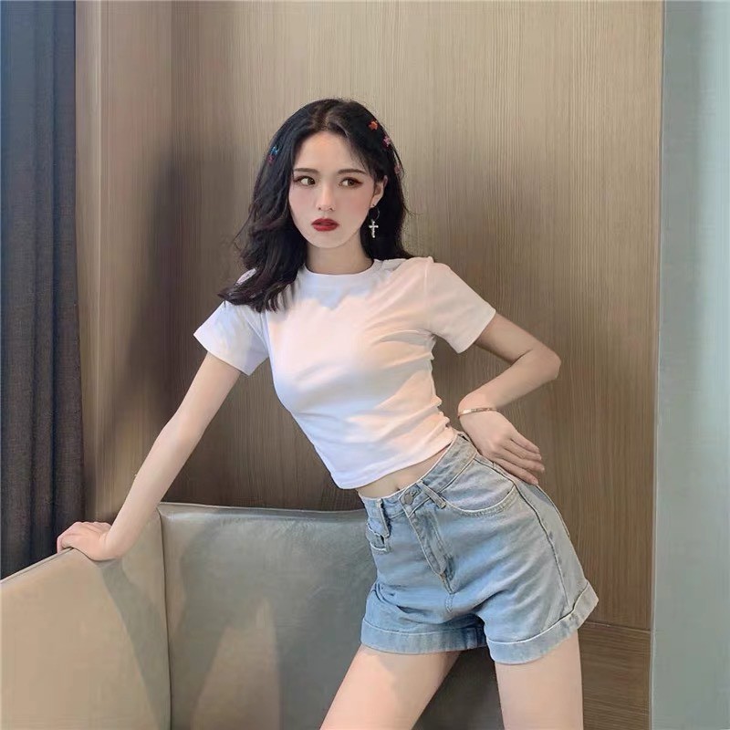 Áo croptop trơn chất zip cotton co dãn tốt, vải dầy, 2 màu Đen, Trắng, cổ tròn, ngắn tay