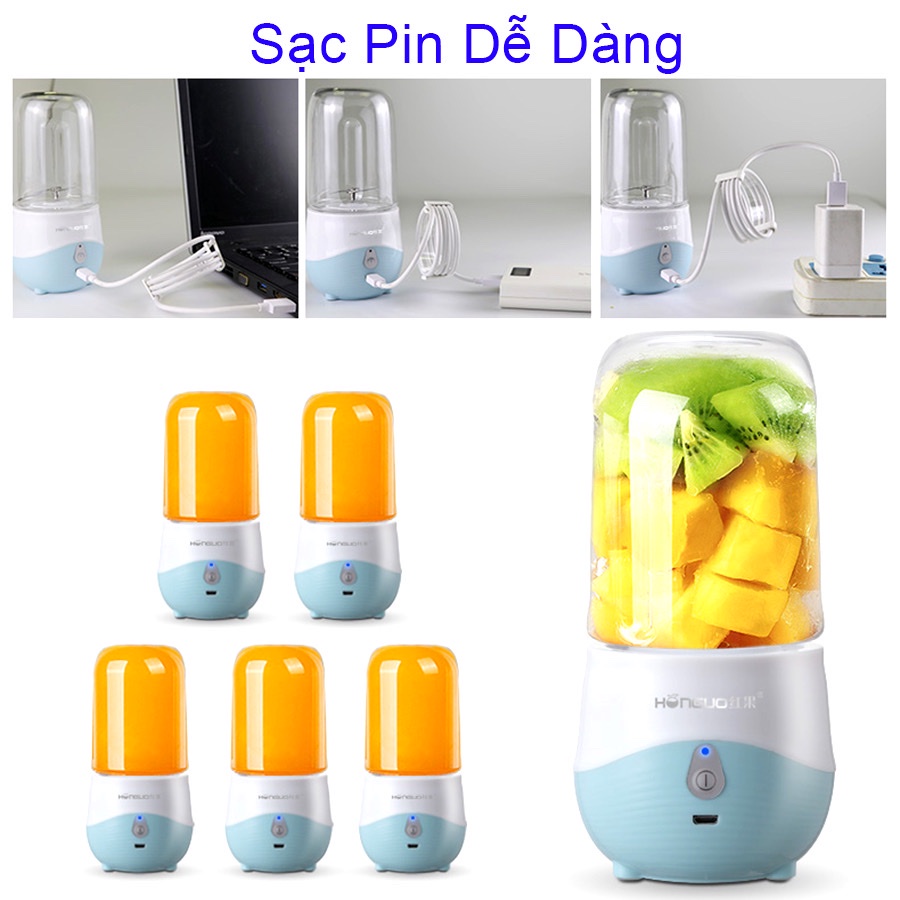 [300ml] Máy Xay Sinh Tố Mini 6 lưỡi dao, Máy Ép Trái Cây Cầm Tay Cao Cấp Honguo Sạc Pin