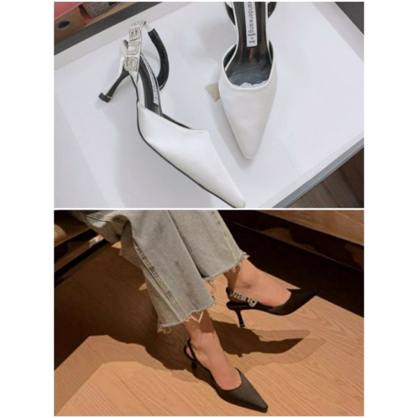 Giày cao gót Wangg lụa hở gót charm chữ đá đen trắng