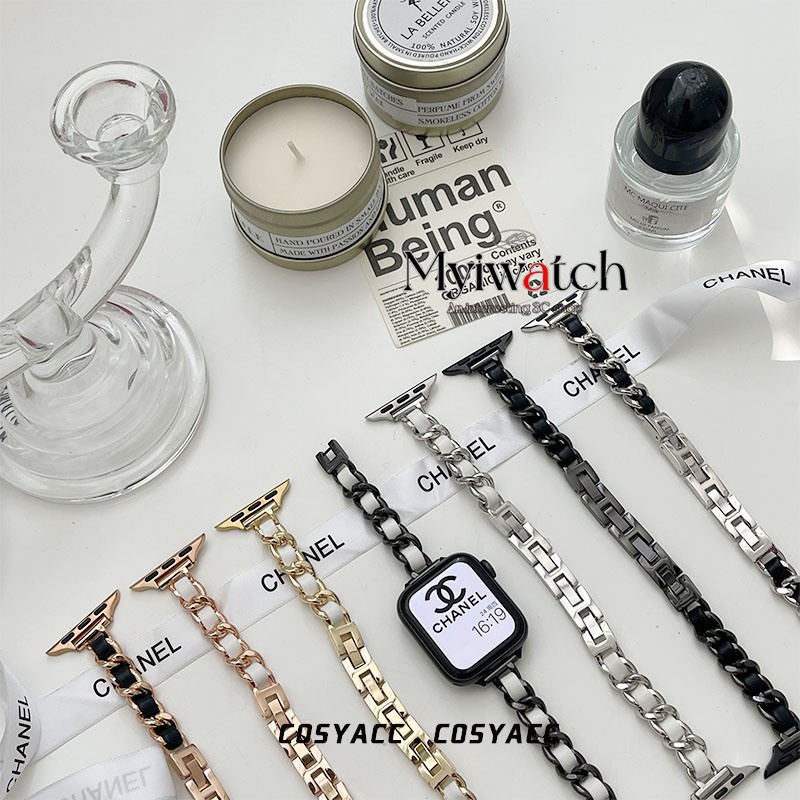 Dây Đeo Bằng Da Phối Kim Loại Thời Trang Cho Đồng Hồ Thông Minh iwatch serise 7 6 5 4 SE 3 2 1 41mm 45mm 38mm 40mm 42mm 44mm