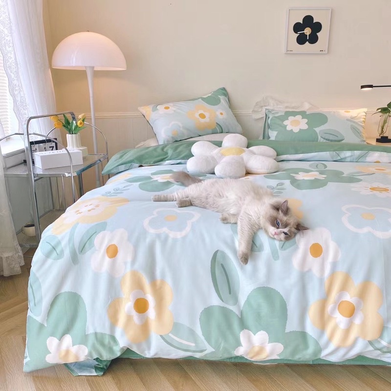 Bộ Chăn Ga Gối ❤️ cotton living 100% đủ size đệm hoa nhí Hàn Quốc miễn phí bo chun nhập khẩu Mượt Decor