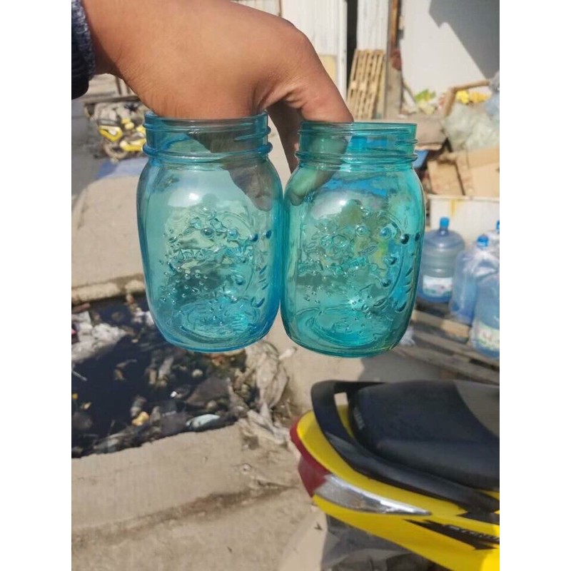 HỦ THUỶ TINH XANH IN HOA  500ml