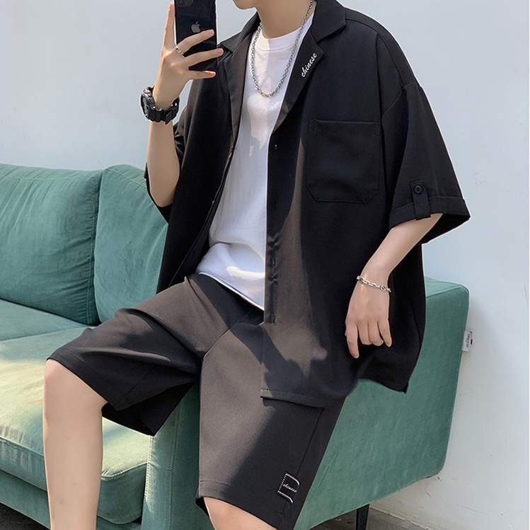Bộ quần áo nam nữ unisex form rộng tay lỡ sơ mi quần short rộng màu đen và nâu dáng đẹp thời trang trẻ pon.mens